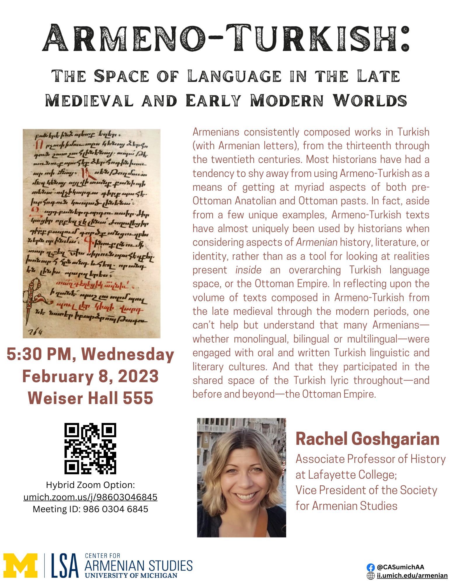 Expired) CANCELED - CAS Lecture, Armeno-Turkish: The Space of Language in  the Late Medieval and Early Modern Worlds