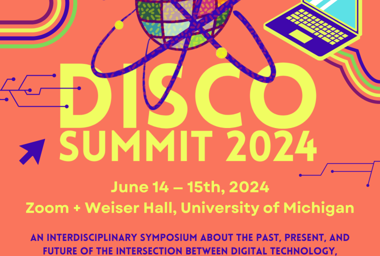 Orange event flier with the DISCO Summit logo (a disco ball with the quantum computing symbol) surrounded by digital icons (e.g., wifi symbol, cursor, laptop). The flier includes the event date, location, a brief description, and cosponsors.