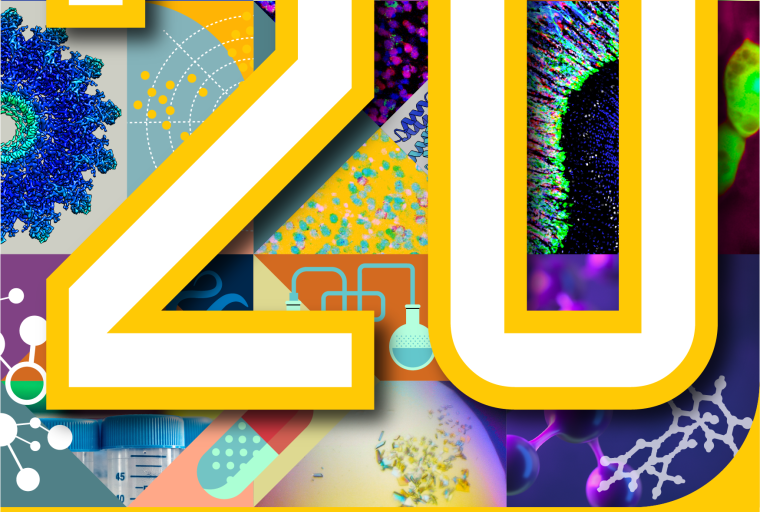 The number "20" on a background of various scientific images; Text: Celebrating 20 Years of Impact