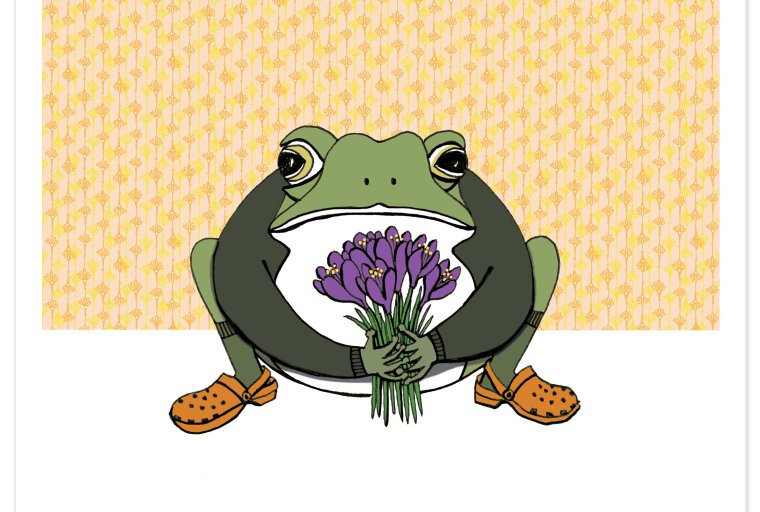 Illustration of frog in a green sweater holding purple flowers