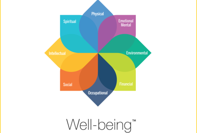 Model of Well-being at the University of Michigan. There are eight dimensions in shapes of petals: Physical, Emotional/Mental, Environmental, Financial, Occupational, Social, Intellectual, and Spiritual.