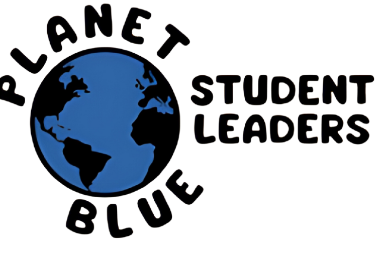 Planet Blue Student Leader text in black around a blue and black globe