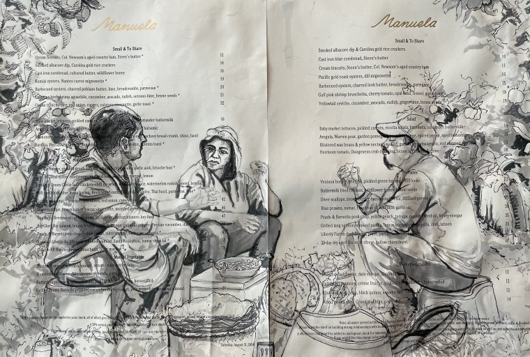 A drawing on a restaurant menu depics three men sitting together and eating
