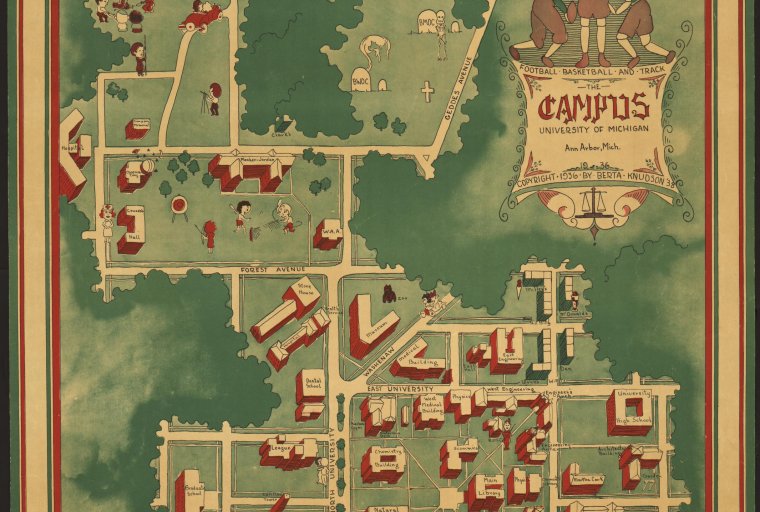 "The Campus: University of Michigan, Ann Arbor, Michigan," (arial image) by Berta Knudson, 1936.