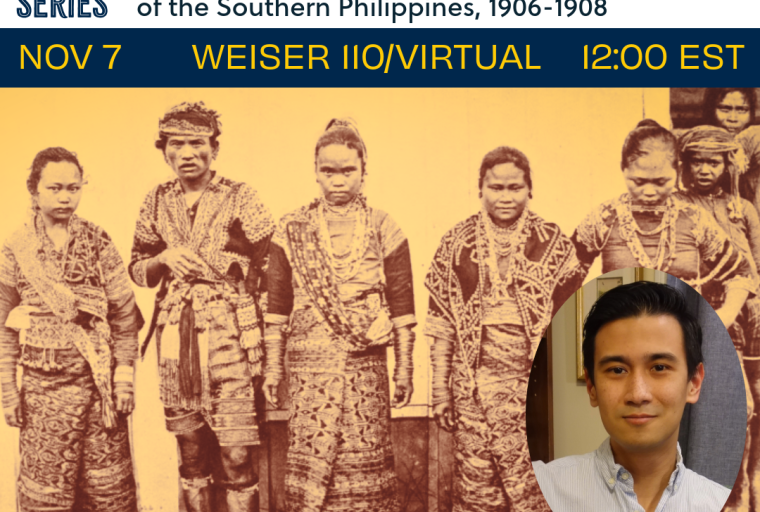 Five Bagobos people in tradditional dress stand in a line behind a cutout image of the speaker. Event details are on top and bottom banners of the image.