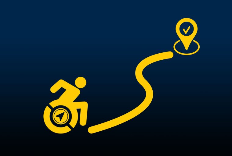 A wheelchair user with a compass travels down a winding path to a destination marked with a check