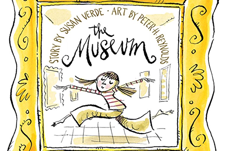 The cover of the children’s book “The Museum,” written by Susan Verde and illustrated by Peter H. Reynolds, showing a girl leaping through a gallery.