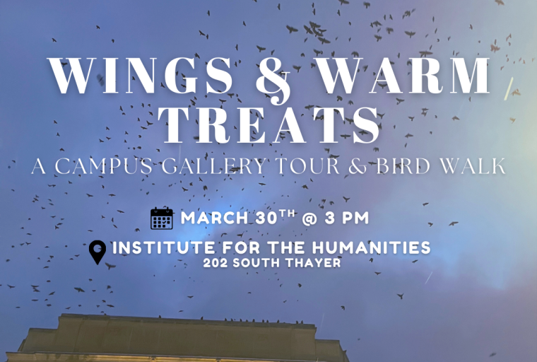Murder of crows flying outside of the Ruthven Building, with event details.