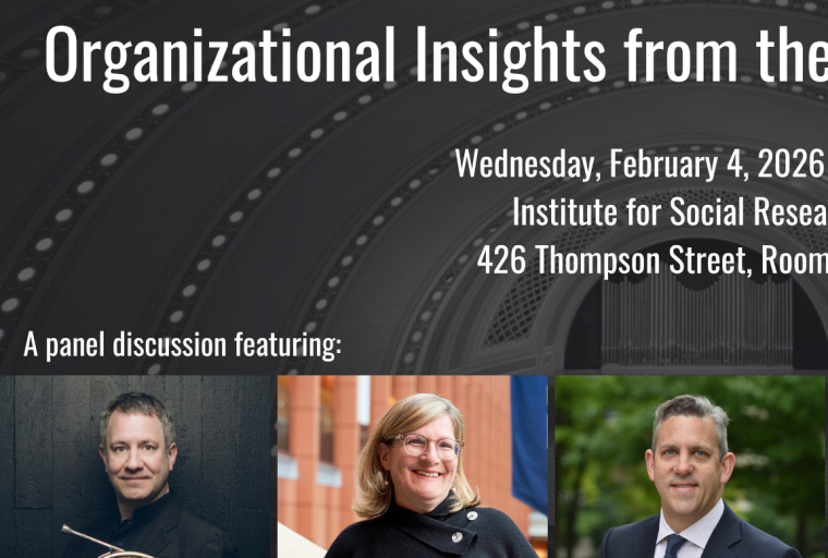 Graphic shows five panelist headshots over a filtered image of Hill Auditorium: details as listed.