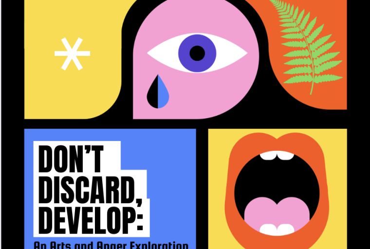 This graphic contains the title of the event and in bold colors and stylized, cubist design it depicts a fern leaf, an eye and a teardrop, and an open mouth yelling.