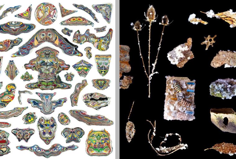 Two images, side by side: on the left, colorful cross-sections of paint from the U-M rock are displayed on a white background, and on the right, a variety of found objects collected within the Miller Creek watershed on a black background