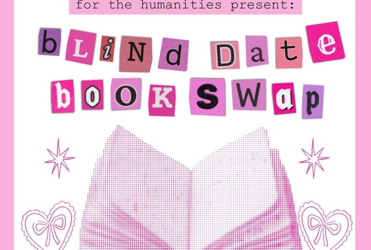 An open book with "blind date book swap" in cutout letters above it.