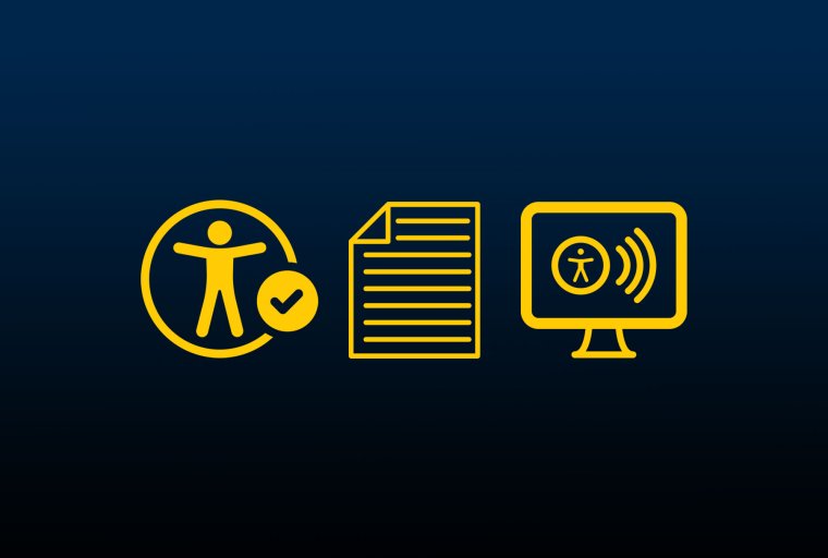 Document icon in between universal accessibility symbol and computer monitor icon