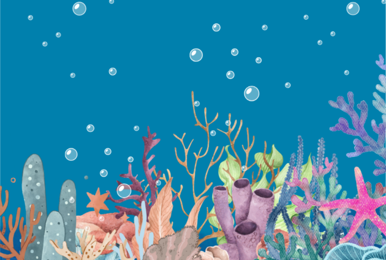 Blue background of the ocean with a colorful reef on the seafloor. Bubbles are floating up throughout the water.
