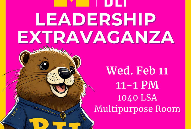 Hot pink background. BLI mascot Bargie Beaver in bottom left corner. Text: Leadership Extravaganza