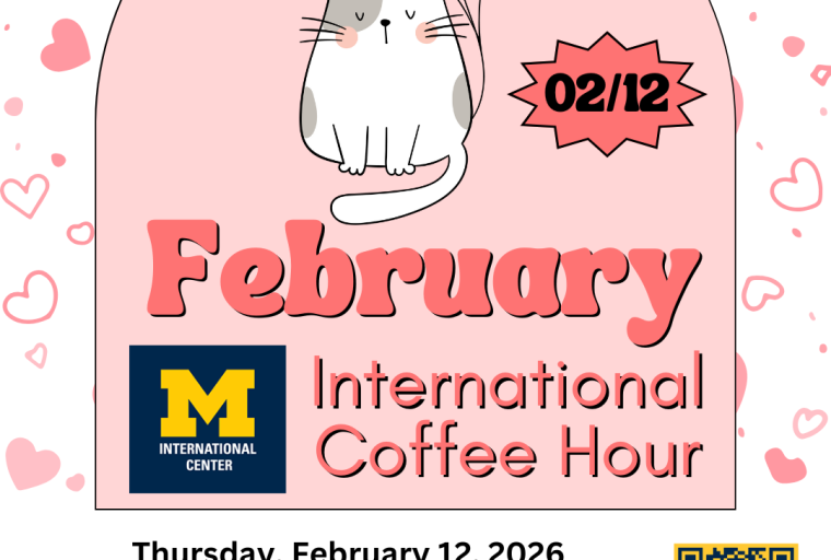 Graphic of a gray and white cat holding valentine's day colored balloons. The graphic is advertising the Febraury International Coffee Hour on Thursday, February 12, 2026 from 3:00PM - 4:30 PM