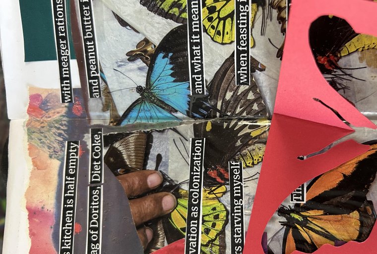 Image of pages from a zine with cut out words and graphics