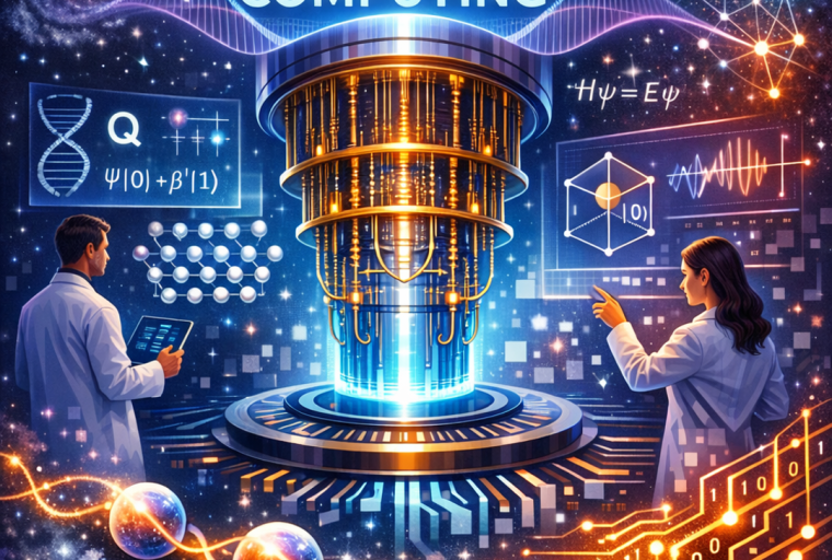 Two scientists in lab coats interact with a glowing, multi-tiered quantum computer surrounded by scientific equations and data. (Created by AI)