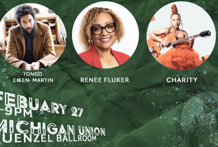 Image Imported from Maize Pages: Green event flyer with three headshot of speakers in circles across top of page (event details as presented).