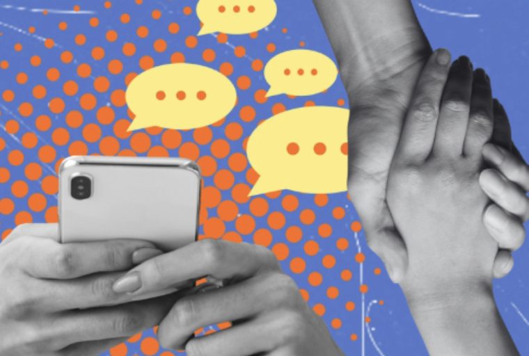One pair of hands texting message bubbles alone on a cellular device, while two hands connect across a blue and orange background.