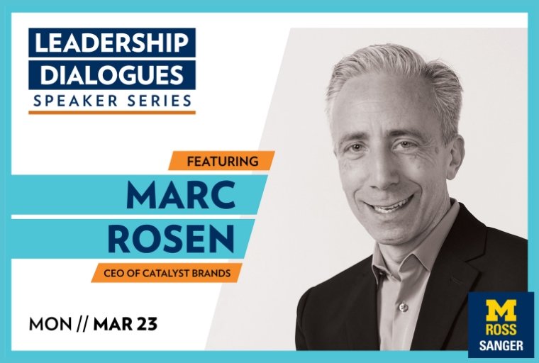 Graphic shows headshot of speaker in sport coat with short, light hair, Leadership Dialogues title in upper left, and aqua border.