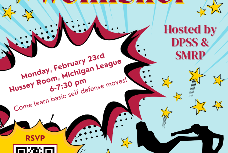 Flyer stating the event information with a shadow image of 2 people practicing self defense moves