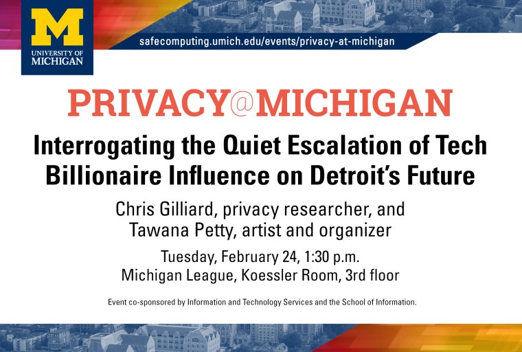 Graphic with prism borders highlights text details of Interrogating the Quiet Escalation of Tech Billionaire Influence on Detroit’s Future