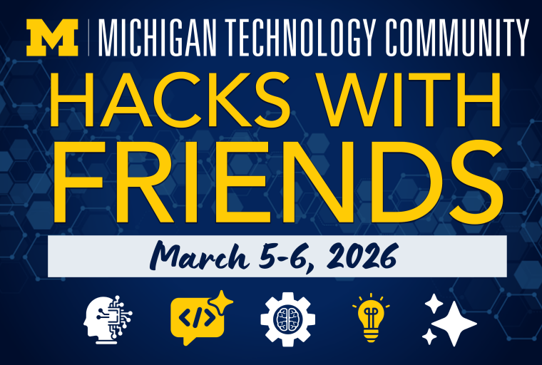 Maize & blue event flyer with sponsor, title and date at top. Computer-associated clipart along bottom.
