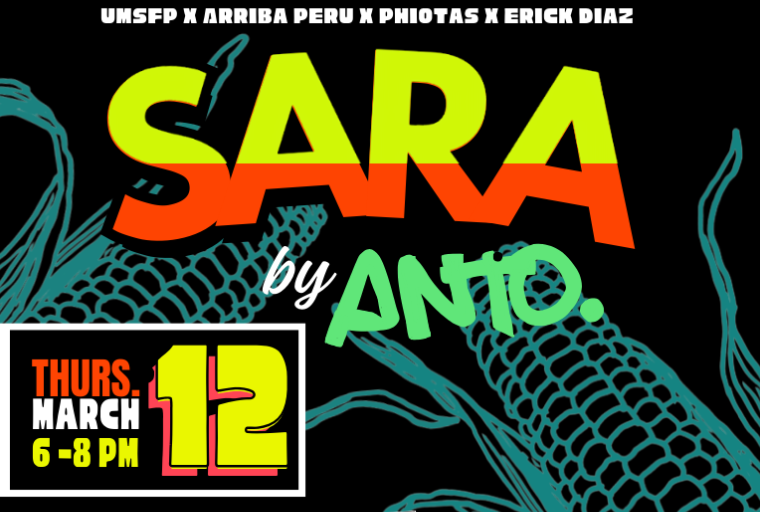 Black graphic with ears of corn illustrated in bright blue, with text in bright red and yellow giving details of the event.