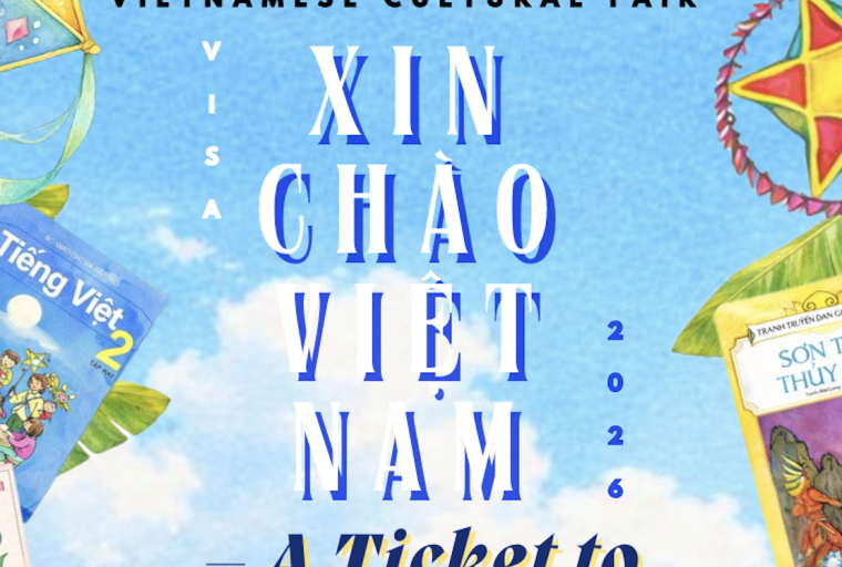 The image is a bright, playful event poster for a Vietnamese cultural fair titled “Xin Chào Việt Nam 2026 – A Ticket to Childhood.” Large white and blue text is centered against a blue sky with soft white clouds. Around the edges of the poster are colorful illustrations associated with Vietnamese childhood, including a traditional star-shaped lantern, a kite, Vietnamese children’s books, and small drawings of animals like a frog and a bird. The words “Vietnamese Cultural Fair” appear near the top in black capital letters, and the vertical word “VISA” is placed to the left of the main title, reinforcing the “ticket” or travel theme.
