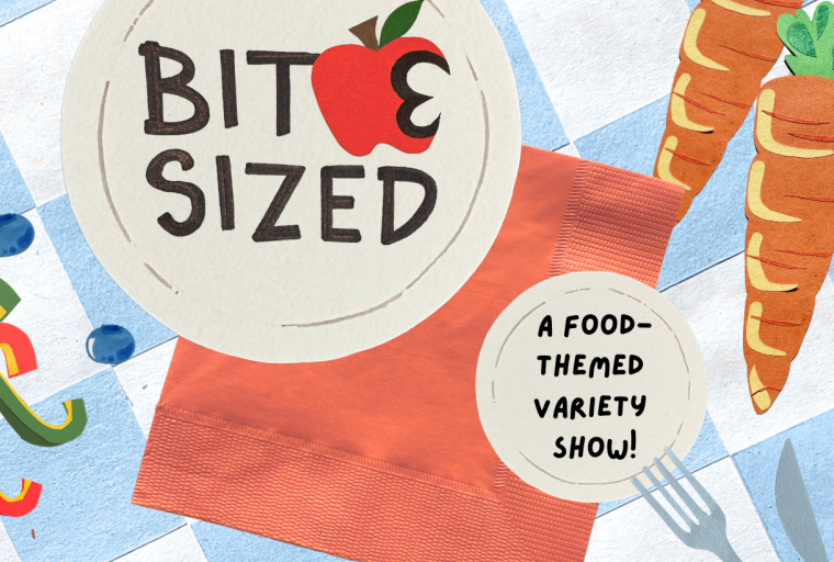 This event flyer is a collage of vegetables made of construction paper, a picnic basket, plates, and napkins on a blue and white checked gingham background.