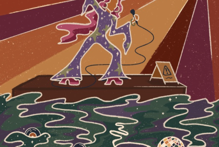 An illustration featuring a singer in a purple, sparking jumpsuit with pink hair in front on a stage. In the background, there is a multicolored sunburst. The foreground of the illustration depicts floodwater with disco balls and records floating in it.