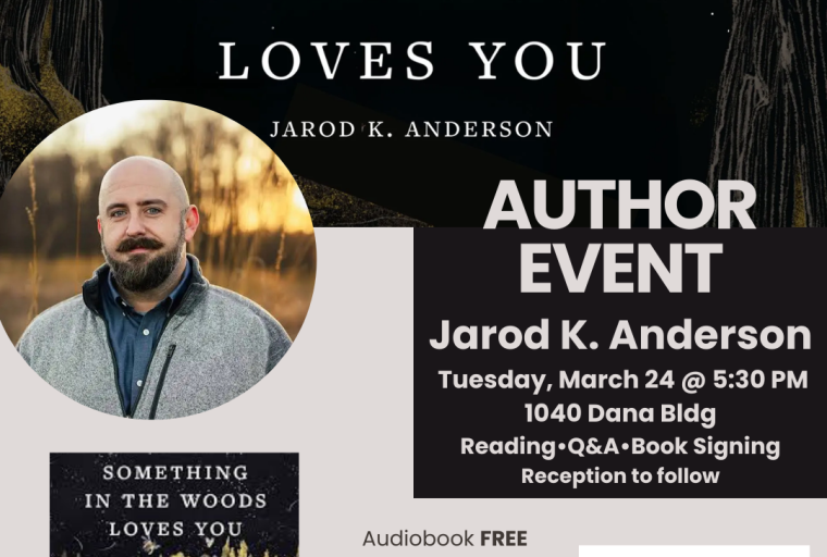 Photo of visiting author Jarod K. Anderson, with a background of his memoir's book cover for "Something in the Woods Loves You"