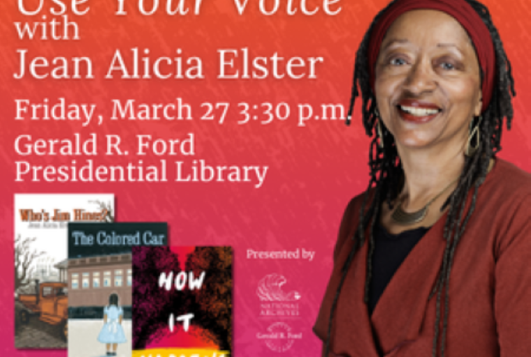 Photo of the author with shoulder length dark braids, wearing a maroon headband and jacket and smiling.  Also pictured are the covers of the three books she will be discussing at the event.