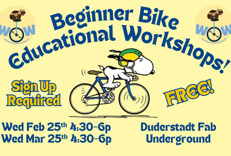 Snoopy riding a bike surrounded by text detailing events