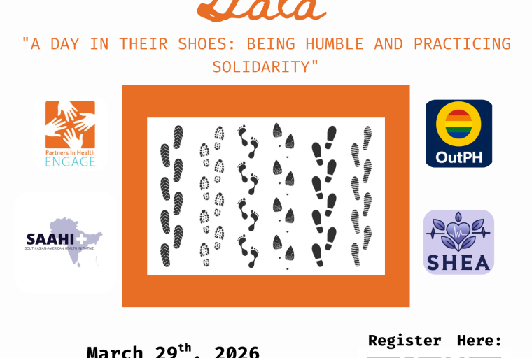 Health Equity Gala Flyer with footprints in the middle to represent the theme of "A Day in their Shoes", with information about the Gala and four logos (PIH, OutPH, SAAHI, and SHEA)