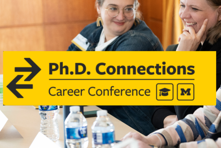panelists talking and laughing with phd connections logo