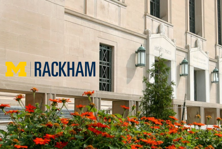Photo of the Rackham building and Rackham logo
