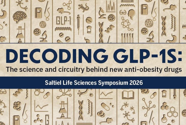 Scientific icons stylized as hieroglyphics with text: Decoding GLP1s: The science and circuitry behind new anti-obesity drugs