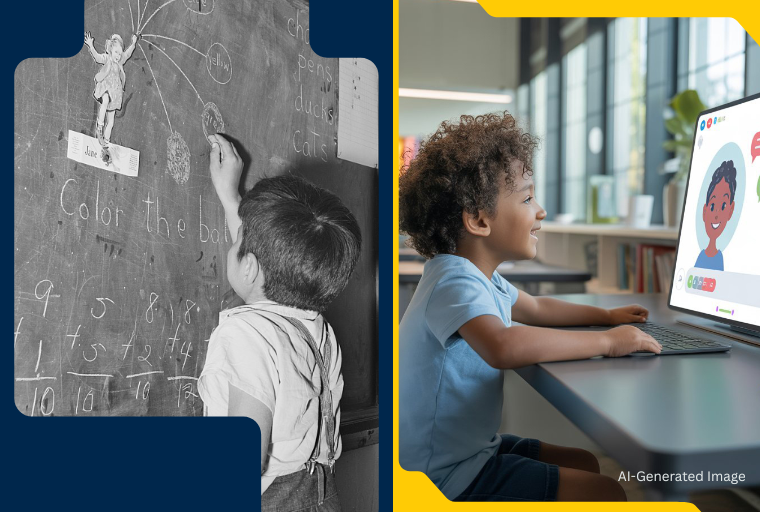 A split composition contrasts two educational scenes. On the left, a black-and-white photo shows a young child standing at a chalkboard, reaching up to write among handwritten words and numbers in a classroom setting in the 1940s. On the right, an AI-generated image of a modern, full-color scene with a child seated at a desk using a desktop computer, smiling and engaged with a brightly colored animated character displayed on the screen.