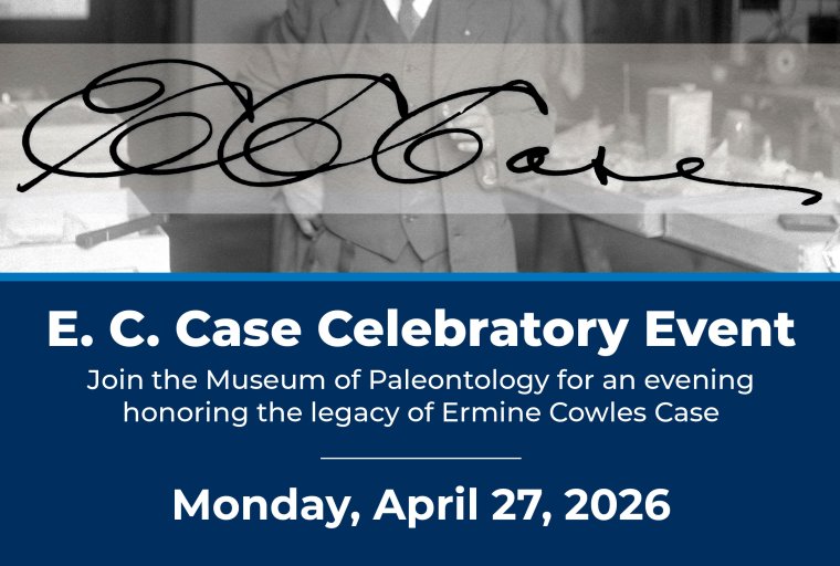 Historic photo of a man wearing a suit in a laboratory superimposed with details about the event