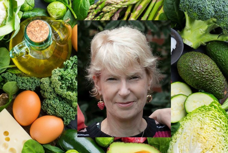 Dr. Louise Burke inset headshot (white woman with light, short hair) surrounded by photos of fruits & vegetables.