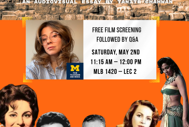 Event poster in oranges & browns; pyramids at top and old "star" cameos on bottom of event detail script.