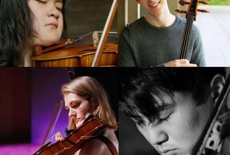 Spotlight Recital: Center Stage Strings Alumni [four performers features in cube layout]
