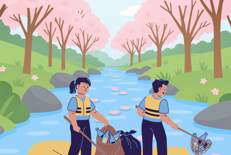 Image of two people wearing life vests while standing on a boat in a river. They are using nets to collect discarded bottles from the water.