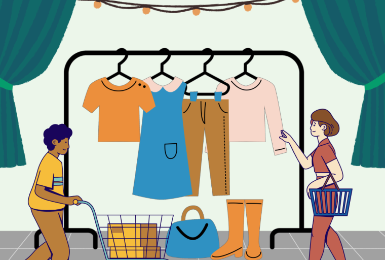 Two people shop for clothing items hanging on a rack.