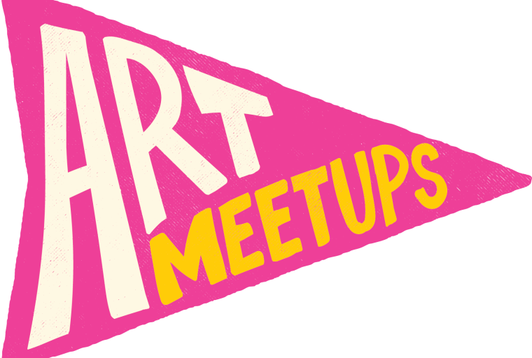 Pink pennant that says "Art Meetups"