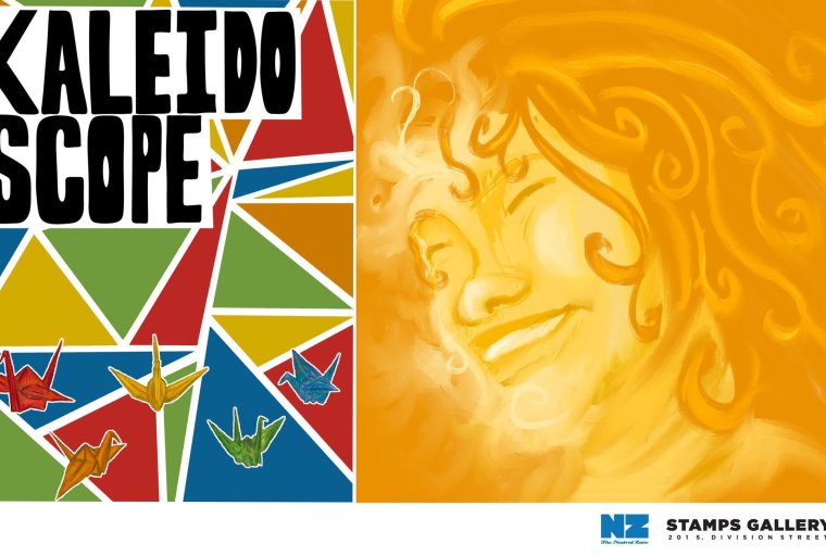 Images by Tempe ﻿Stiverson (L: triangular mosaic in primary colors) and Jade Khasidis (R: woman's smiling face in golds/yellows).
