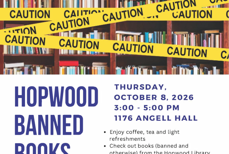 Hopwood Banned Books Flyer with image of bookshelves covered with caution tape.