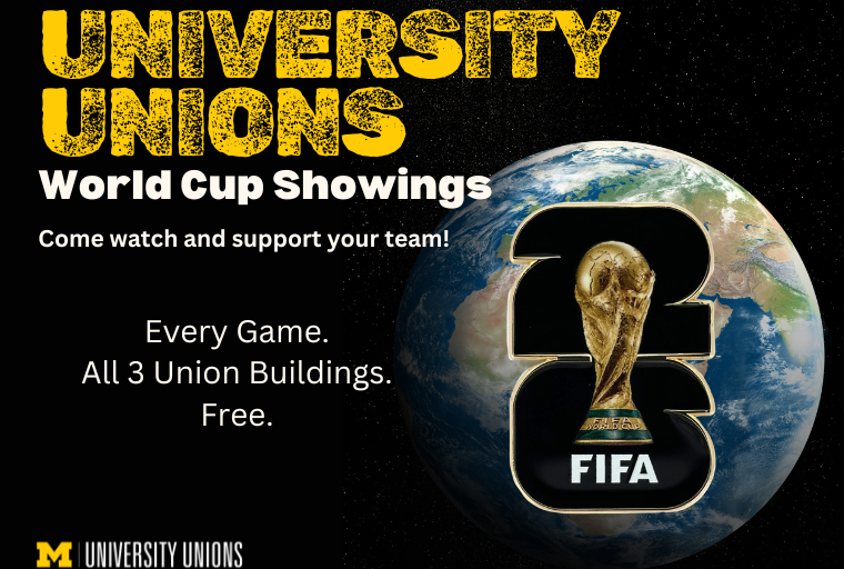 Black background on graphic with picture of the Earth & FIFA Cup. Text: Every game, all three buildings, free watch parties for the FIFA world cup matches